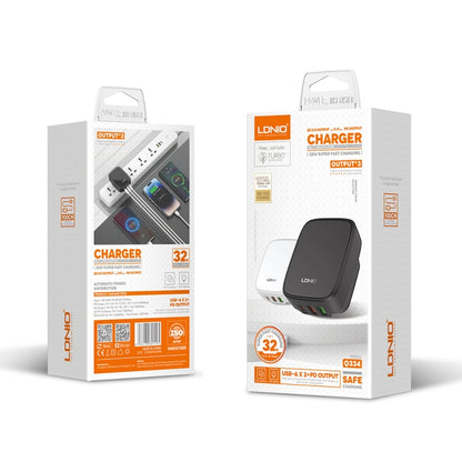 LDNIO Q334 32W Type-C + Dual USB Port Charger with 1m USB-C / Type-C to 8 Pin Data Cable, EU Plug, UK Plug, US Plug
