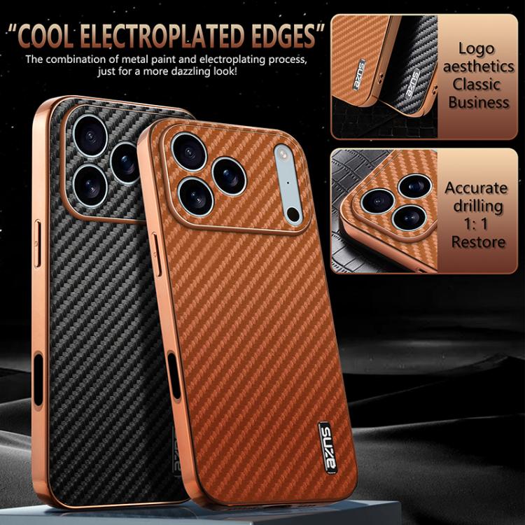 AZNS Electroplated Edge Carbon Fiber Texture Phone Case, For iPhone 18 Pro, For iPhone 18 Pro Max, For iPhone 17e / 16e, For iPhone 17 Pro Max, For iPhone 17 Pro, For iPhone 17, For iPhone Air, For iPhone 16 Pro Max, For iPhone 16 Pro, For iPhone 16 Pl...