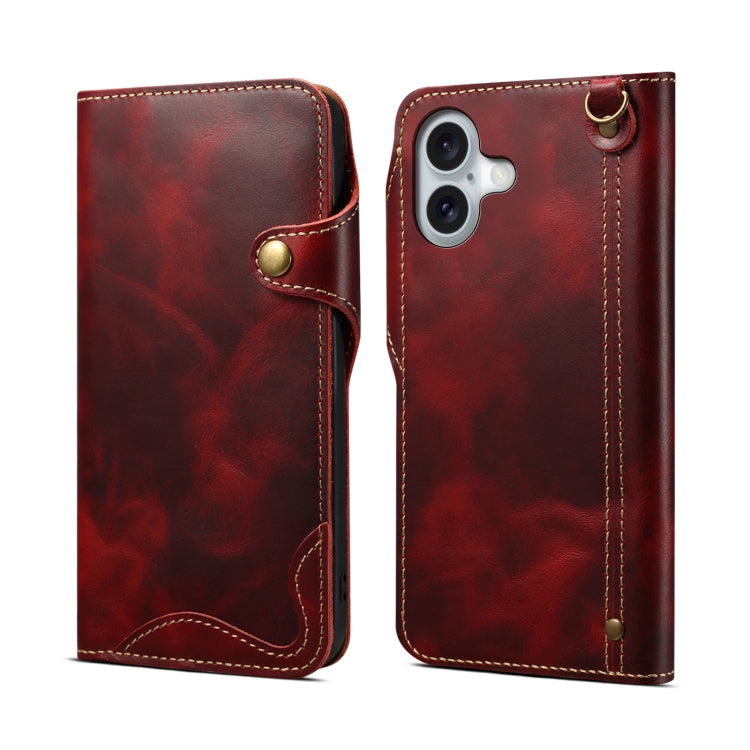 Denior B01 Oil Wax Cowhide Magnetic Button Genuine Leather Case, For iPhone 17e / 16e, For iPhone 16 Pro Max, For iPhone 16 Pro, For iPhone 16 Plus, For iPhone 16