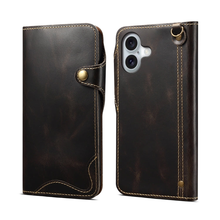 Denior B01 Oil Wax Cowhide Magnetic Button Genuine Leather Case, For iPhone 17e / 16e, For iPhone 16 Pro Max, For iPhone 16 Pro, For iPhone 16 Plus, For iPhone 16
