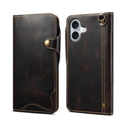 Denior B01 Oil Wax Cowhide Magnetic Button Genuine Leather Case, For iPhone 17e / 16e, For iPhone 16 Pro Max, For iPhone 16 Pro, For iPhone 16 Plus, For iPhone 16