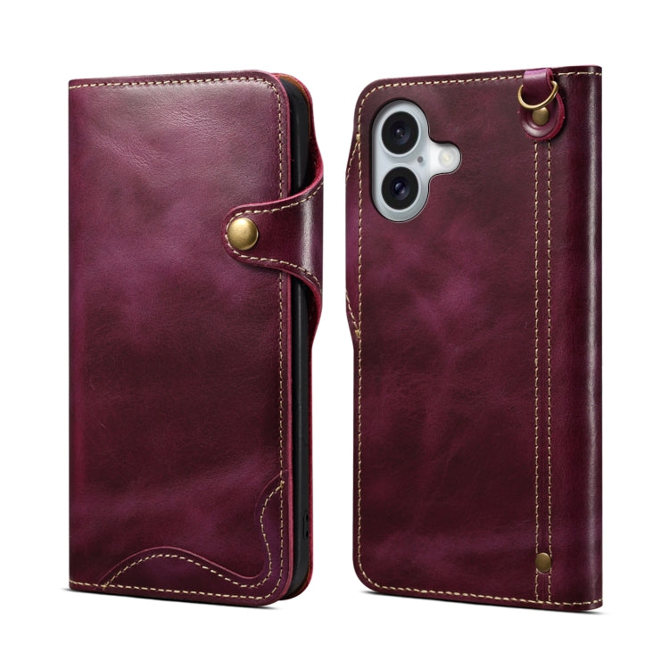 Denior B01 Oil Wax Cowhide Magnetic Button Genuine Leather Case, For iPhone 17e / 16e, For iPhone 16 Pro Max, For iPhone 16 Pro, For iPhone 16 Plus, For iPhone 16
