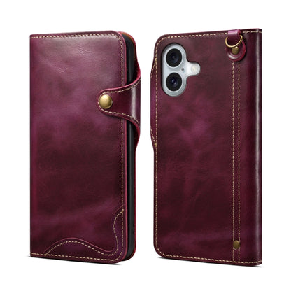 Denior B01 Oil Wax Cowhide Magnetic Button Genuine Leather Case, For iPhone 17e / 16e, For iPhone 16 Pro Max, For iPhone 16 Pro, For iPhone 16 Plus, For iPhone 16