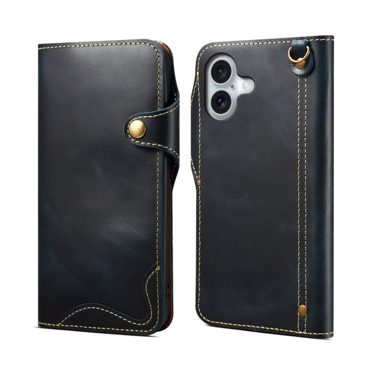 Denior B01 Oil Wax Cowhide Magnetic Button Genuine Leather Case, For iPhone 17e / 16e, For iPhone 16 Pro Max, For iPhone 16 Pro, For iPhone 16 Plus, For iPhone 16