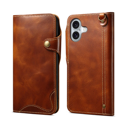 Denior B01 Oil Wax Cowhide Magnetic Button Genuine Leather Case, For iPhone 17e / 16e, For iPhone 16 Pro Max, For iPhone 16 Pro, For iPhone 16 Plus, For iPhone 16