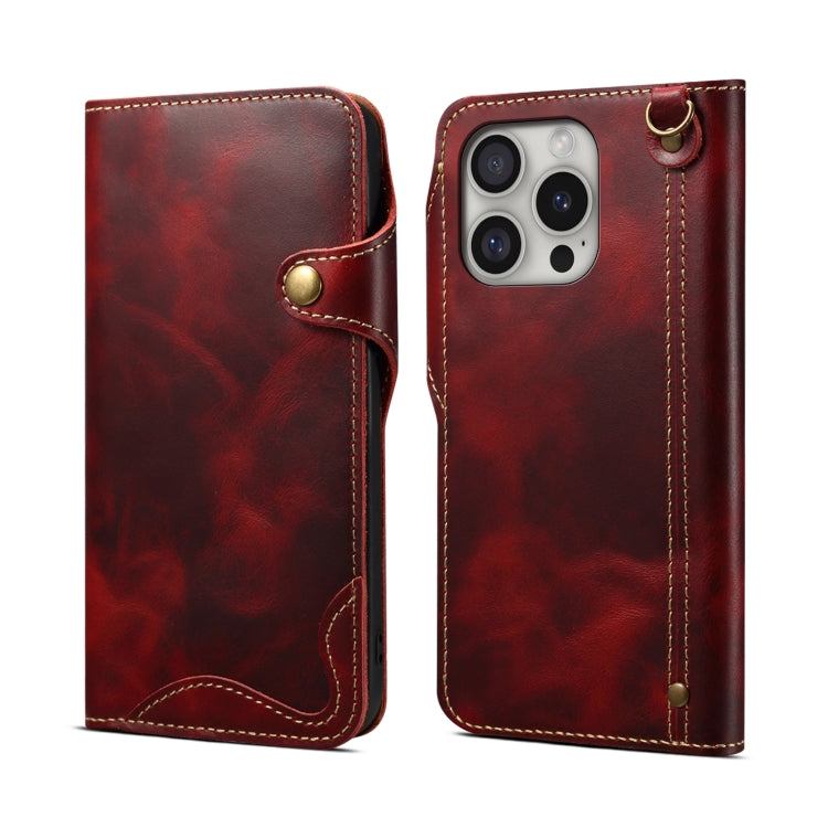 Denior B01 Oil Wax Cowhide Magnetic Button Genuine Leather Case, For iPhone 17e / 16e, For iPhone 16 Pro Max, For iPhone 16 Pro, For iPhone 16 Plus, For iPhone 16