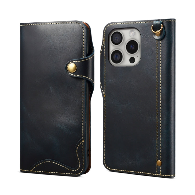 Denior B01 Oil Wax Cowhide Magnetic Button Genuine Leather Case, For iPhone 17e / 16e, For iPhone 16 Pro Max, For iPhone 16 Pro, For iPhone 16 Plus, For iPhone 16