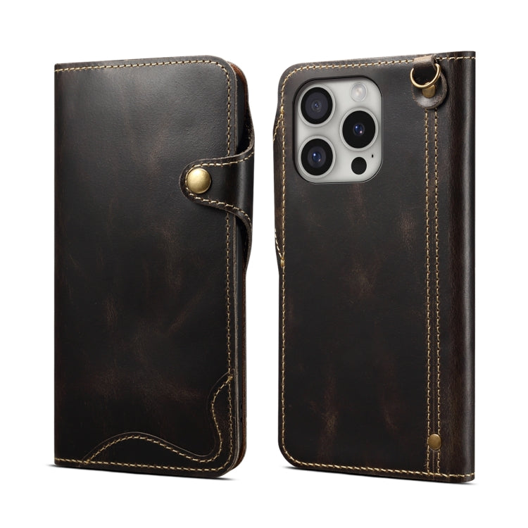 Denior B01 Oil Wax Cowhide Magnetic Button Genuine Leather Case, For iPhone 17e / 16e, For iPhone 16 Pro Max, For iPhone 16 Pro, For iPhone 16 Plus, For iPhone 16