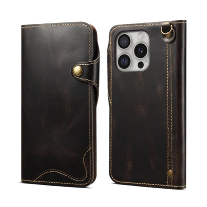Denior B01 Oil Wax Cowhide Magnetic Button Genuine Leather Case, For iPhone 17e / 16e, For iPhone 16 Pro Max, For iPhone 16 Pro, For iPhone 16 Plus, For iPhone 16