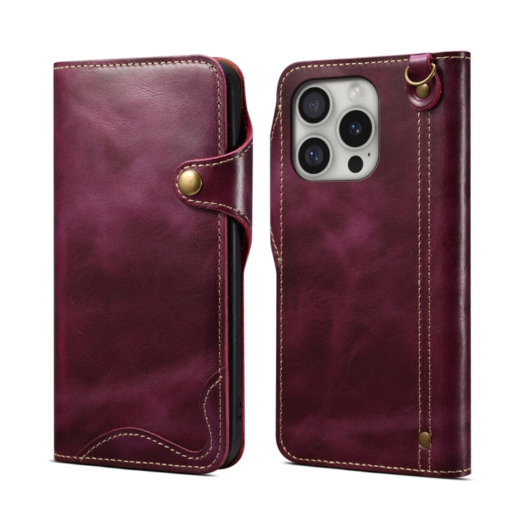Denior B01 Oil Wax Cowhide Magnetic Button Genuine Leather Case, For iPhone 17e / 16e, For iPhone 16 Pro Max, For iPhone 16 Pro, For iPhone 16 Plus, For iPhone 16