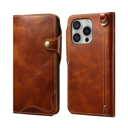 Denior B01 Oil Wax Cowhide Magnetic Button Genuine Leather Case, For iPhone 17e / 16e, For iPhone 16 Pro Max, For iPhone 16 Pro, For iPhone 16 Plus, For iPhone 16