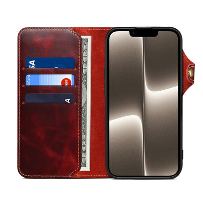 Denior B01 Oil Wax Cowhide Magnetic Button Genuine Leather Case, For iPhone 17e / 16e, For iPhone 16 Pro Max, For iPhone 16 Pro, For iPhone 16 Plus, For iPhone 16