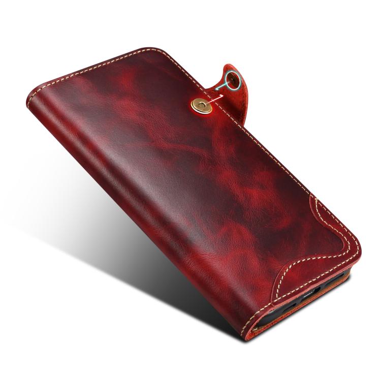 Denior B01 Oil Wax Cowhide Magnetic Button Genuine Leather Case, For iPhone 17e / 16e, For iPhone 16 Pro Max, For iPhone 16 Pro, For iPhone 16 Plus, For iPhone 16