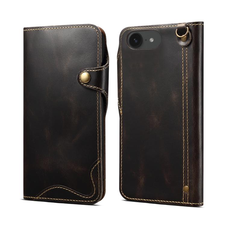 Denior B01 Oil Wax Cowhide Magnetic Button Genuine Leather Case, For iPhone 17e / 16e, For iPhone 16 Pro Max, For iPhone 16 Pro, For iPhone 16 Plus, For iPhone 16
