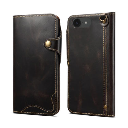 Denior B01 Oil Wax Cowhide Magnetic Button Genuine Leather Case, For iPhone 17e / 16e, For iPhone 16 Pro Max, For iPhone 16 Pro, For iPhone 16 Plus, For iPhone 16
