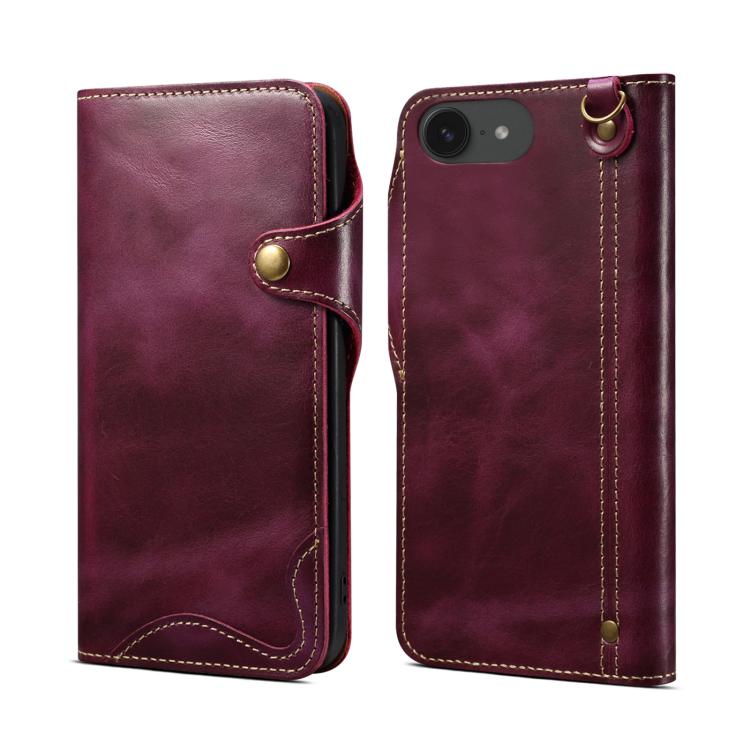 Denior B01 Oil Wax Cowhide Magnetic Button Genuine Leather Case, For iPhone 17e / 16e, For iPhone 16 Pro Max, For iPhone 16 Pro, For iPhone 16 Plus, For iPhone 16