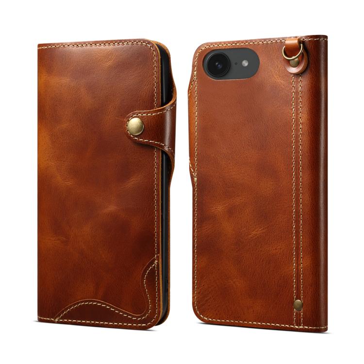 Denior B01 Oil Wax Cowhide Magnetic Button Genuine Leather Case, For iPhone 17e / 16e, For iPhone 16 Pro Max, For iPhone 16 Pro, For iPhone 16 Plus, For iPhone 16