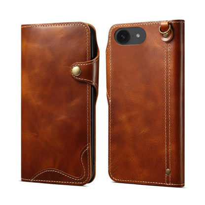 Denior B01 Oil Wax Cowhide Magnetic Button Genuine Leather Case, For iPhone 17e / 16e, For iPhone 16 Pro Max, For iPhone 16 Pro, For iPhone 16 Plus, For iPhone 16