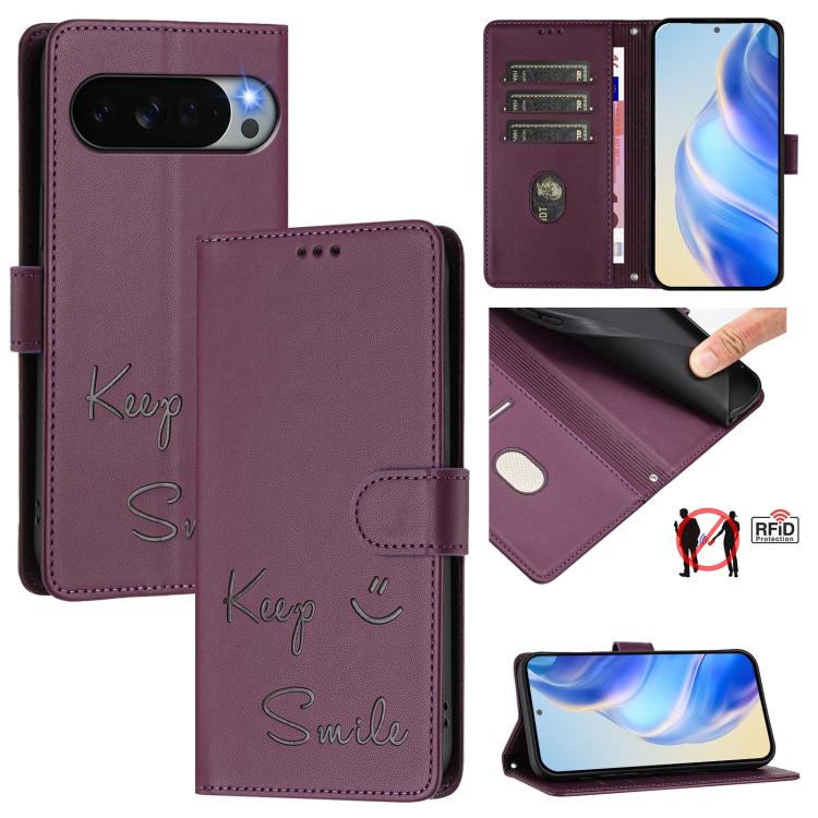 Smile Embossing RFID Leather Phone Case, For Google Pixel 11 Pro XL, For Google Pixel 11 Pro / 11, For Google Pixel 10 Pro XL 5G Global, For Google Pixel 10 5G / 10 Pro 5G Global, For Google Pixel 9a, For Google Pixel 9 Pro XL                          ...