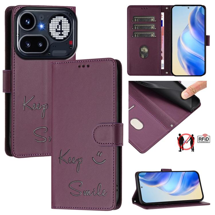 Smile Embossing RFID Leather Phone Case, For Nothing Phone 4a Pro, For Nothing Phone 4a, For Nothing CMF Phone 1
