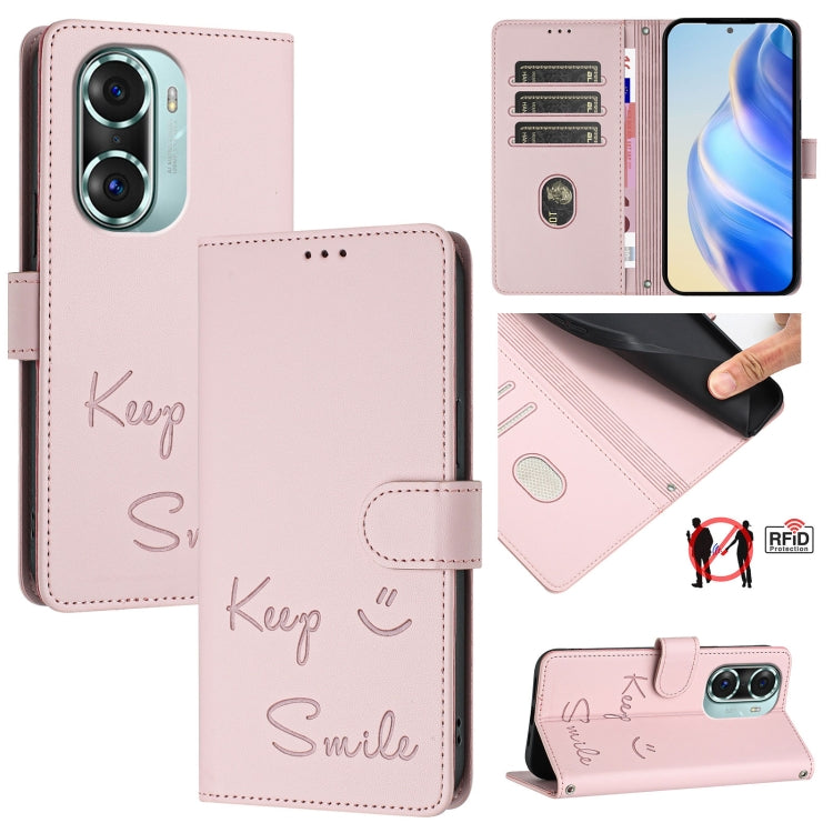 Smile Embossing RFID Leather Phone Case, For Honor Play6T Pro 5G, For Honor X8 4G/X30i 5G, For Honor 60 SE 5G, For Honor 60 Pro 5G, For Honor 60 5G, For Honor 50 Lite, For Honor 50 Pro, For Honor 50 SE