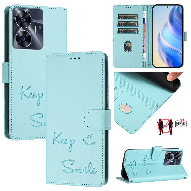 Smile Embossing RFID Leather Phone Case, For Realme 11 4G Global, For Realme Narzo 60x 5G Global, For Realme 11 5G Global / 11X 5G, For Realme GT5 5G 240W / GT5 5G, For Realme Narzo 60 Pro Global, For Realme C65 4G Global, For Realme C55 4G Global     ...