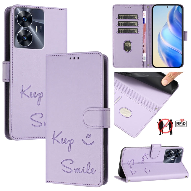 Smile Embossing RFID Leather Phone Case, For Realme 11 4G Global, For Realme Narzo 60x 5G Global, For Realme 11 5G Global / 11X 5G, For Realme GT5 5G 240W / GT5 5G, For Realme Narzo 60 Pro Global, For Realme C65 4G Global, For Realme C55 4G Global     ...