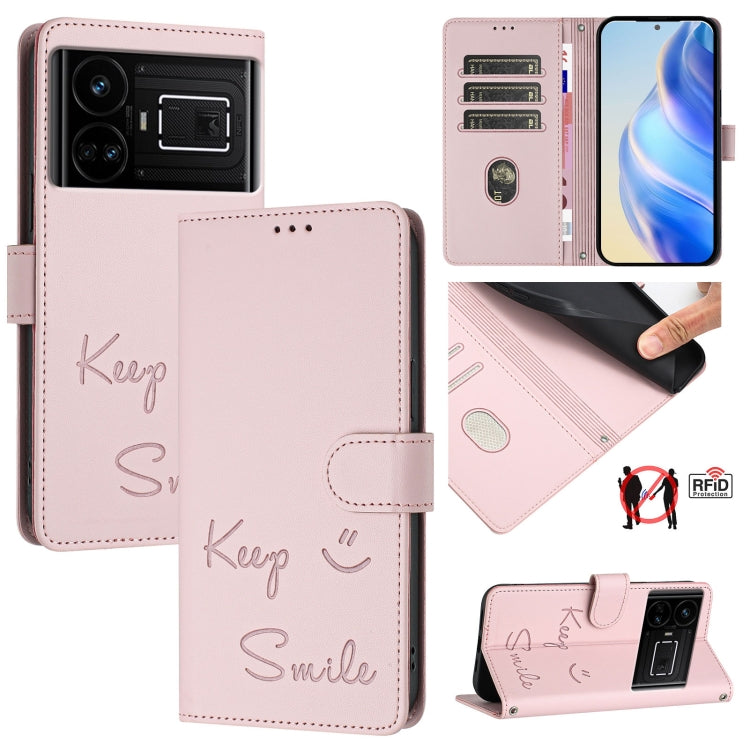 Smile Embossing RFID Leather Phone Case, For Realme GT 5G / GT Neo 5G, For Realme V11 5G