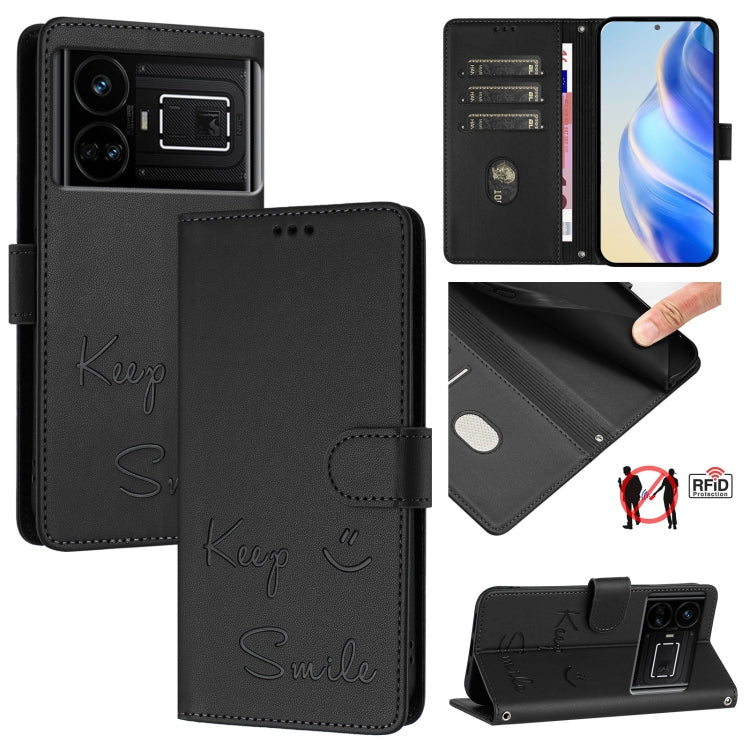 Smile Embossing RFID Leather Phone Case, For Realme GT 5G / GT Neo 5G, For Realme V11 5G