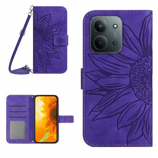 Telefonhülle aus Leder mit Sonnenblumenprägung und Umhängeband, für Redmi 13x, für Redmi A5 4G 173,3 mm, für Redmi A5 4G 171,7 mm / Poco C71, für Redmi Note 14 4G 164,84 mm EU-Version, für Redmi Note 14 Pro 4G, für Redmi Note 14 4G 163,25 mm