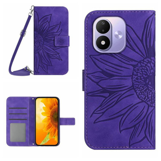 Leder Flip-Handyhülle mit Sonnenblumenprägung und Lanyard, hautfreundlich, für Redmi A7 Pro 171mm / Poco C85x 5G, für Redmi Note 15 Pro+ 5G Global 163.3mm, für Redmi Note 15 5G Global 164mm, für Redmi Note 15 Pro 4G Global 163.2mm