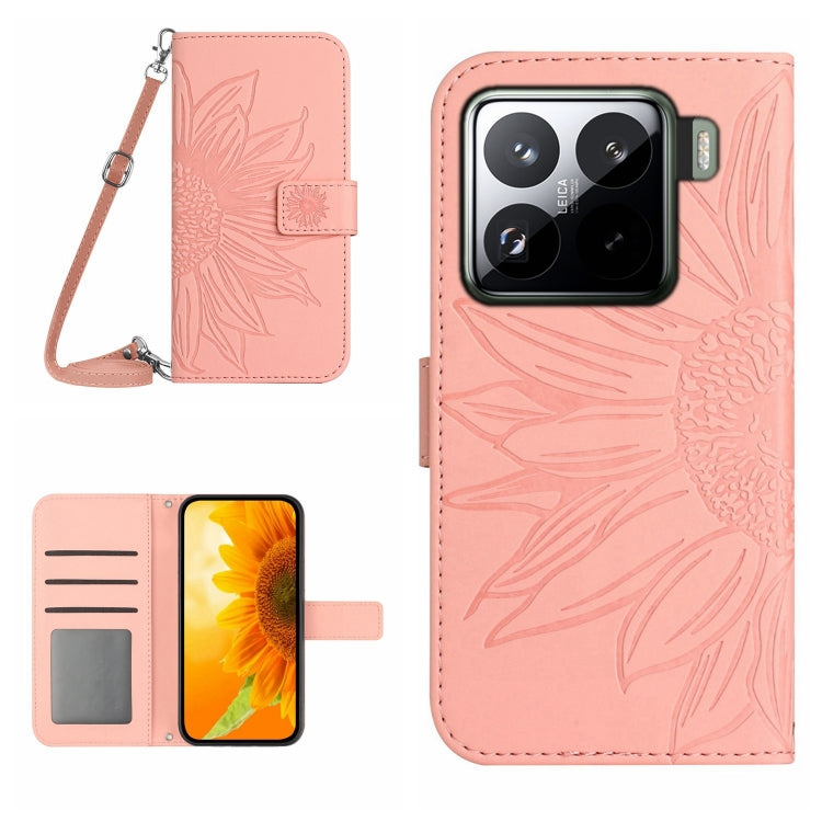 Skin Feel Sun Flower Embossed Flip Leather Phone Case with Lanyard, For Xiaomi 15 Pro, For Xiaomi 15, For Xiaomi 14T Pro 5G Global, For Xiaomi 14T 5G Global