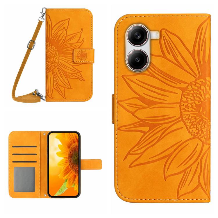 Flip Handyhülle aus Leder mit Sonnenblumenprägung und Lanyard, Für Xiaomi 15 Ultra, Für Xiaomi Poco X7 Pro, Für Xiaomi 15 Pro, Für Xiaomi 15, Für Xiaomi 14T Pro 5G Global, Für Xiaomi 14T 5G Global