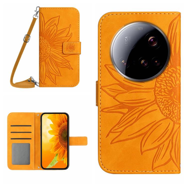 Flip Handyhülle aus Leder mit Sonnenblumenprägung und Lanyard, Für Xiaomi 15 Ultra, Für Xiaomi Poco X7 Pro, Für Xiaomi 15 Pro, Für Xiaomi 15, Für Xiaomi 14T Pro 5G Global, Für Xiaomi 14T 5G Global