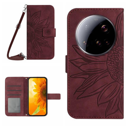 Flip Handyhülle aus Leder mit Sonnenblumenprägung und Lanyard, Für Xiaomi 15 Ultra, Für Xiaomi Poco X7 Pro, Für Xiaomi 15 Pro, Für Xiaomi 15, Für Xiaomi 14T Pro 5G Global, Für Xiaomi 14T 5G Global