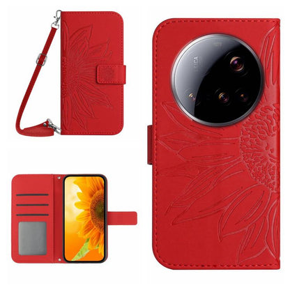Flip Handyhülle aus Leder mit Sonnenblumenprägung und Lanyard, Für Xiaomi 15 Ultra, Für Xiaomi Poco X7 Pro, Für Xiaomi 15 Pro, Für Xiaomi 15, Für Xiaomi 14T Pro 5G Global, Für Xiaomi 14T 5G Global
