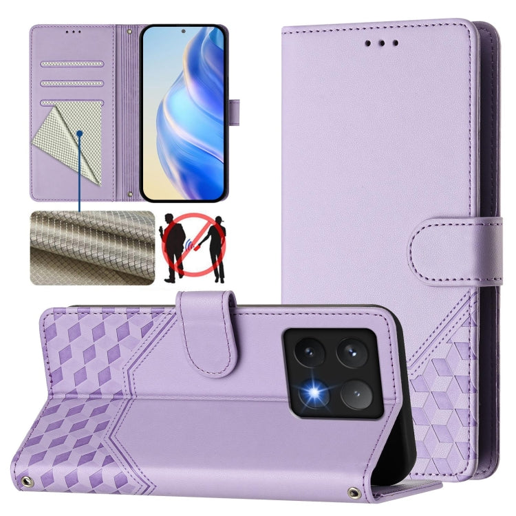 Étui de téléphone en cuir RFID avec gaufrage nid d'abeille, pour Redmi 15 5G Global / 15 4G SEA 169.5mm, pour Xiaomi 15T Pro 5G, pour Xiaomi 15T 5G, pour Xiaomi Civi 5 Pro 5G, pour Xiaomi 15S Pro 5G, pour Xiaomi Poco M6 Plus / Redmi 13x 4G