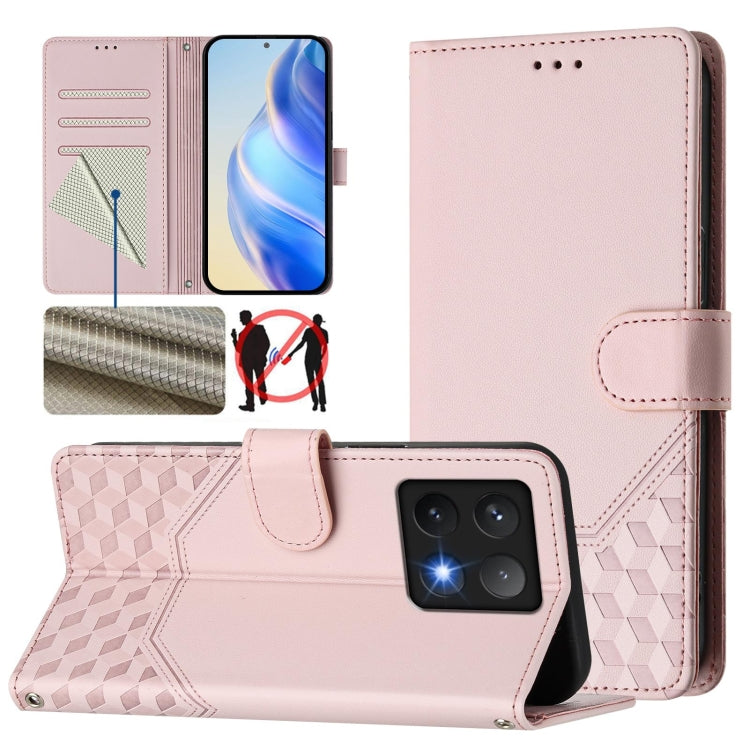 Étui de téléphone en cuir RFID avec gaufrage nid d'abeille, pour Redmi 15 5G Global / 15 4G SEA 169.5mm, pour Xiaomi 15T Pro 5G, pour Xiaomi 15T 5G, pour Xiaomi Civi 5 Pro 5G, pour Xiaomi 15S Pro 5G, pour Xiaomi Poco M6 Plus / Redmi 13x 4G