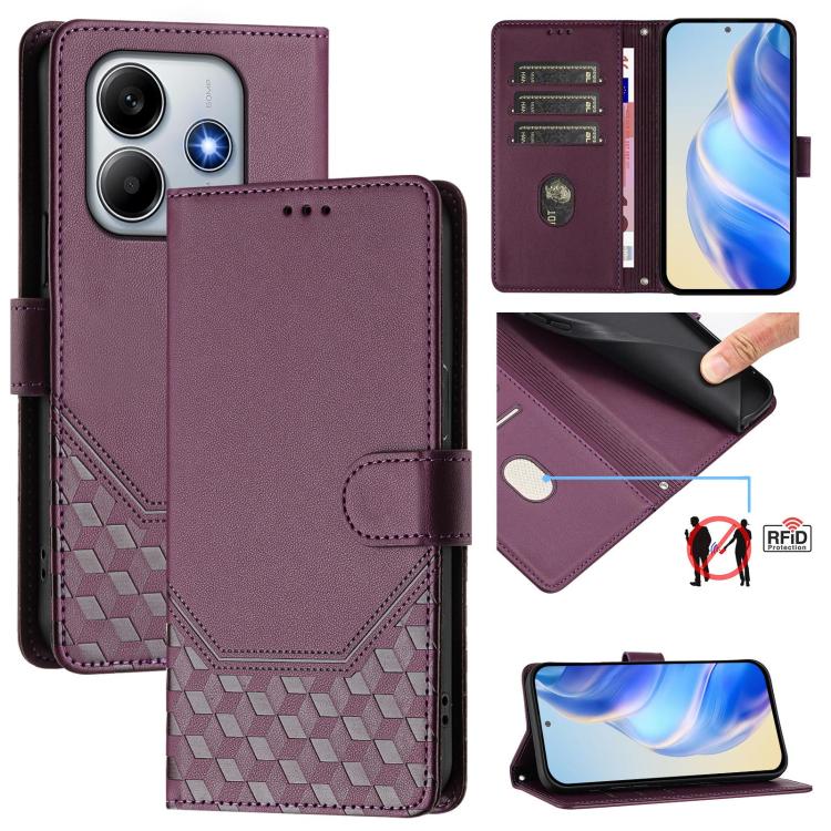 Étui de téléphone en cuir RFID avec gaufrage nid d'abeille, pour Redmi 15 5G Global / 15 4G SEA 169.5mm, pour Xiaomi 15T Pro 5G, pour Xiaomi 15T 5G, pour Xiaomi Civi 5 Pro 5G, pour Xiaomi 15S Pro 5G, pour Xiaomi Poco M6 Plus / Redmi 13x 4G
