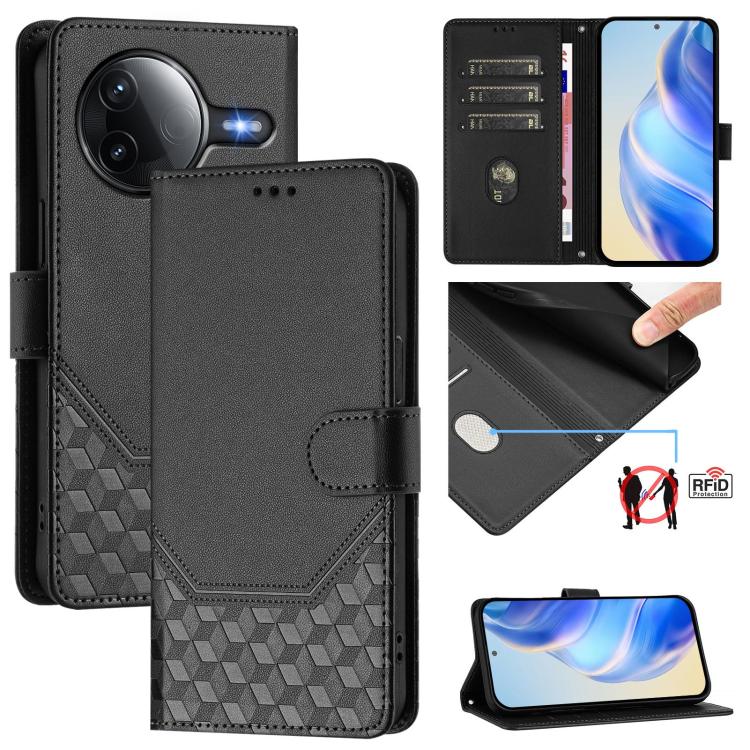 Étui de téléphone en cuir RFID avec gaufrage nid d'abeille, pour Redmi 15 5G Global / 15 4G SEA 169.5mm, pour Xiaomi 15T Pro 5G, pour Xiaomi 15T 5G, pour Xiaomi Civi 5 Pro 5G, pour Xiaomi 15S Pro 5G, pour Xiaomi Poco M6 Plus / Redmi 13x 4G