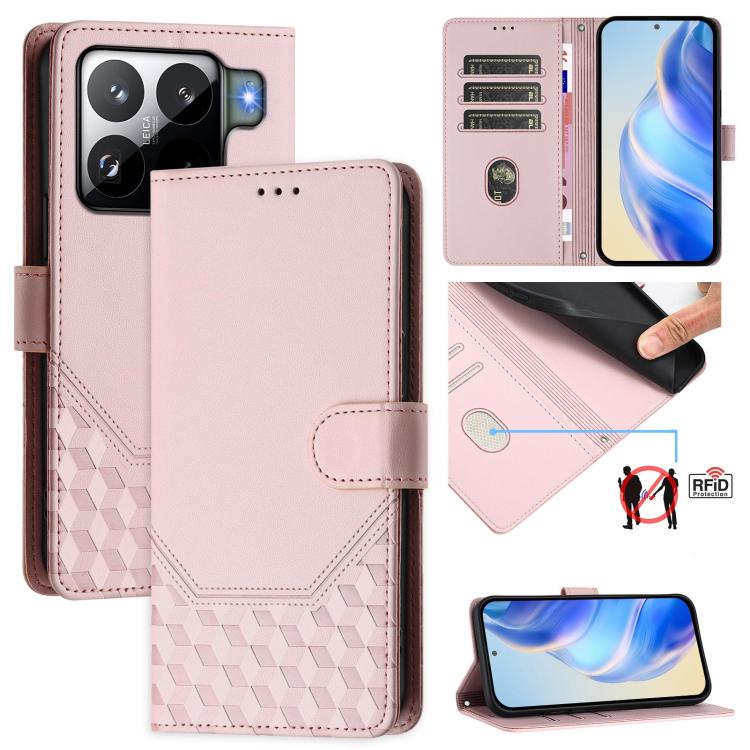 Étui de téléphone en cuir RFID avec gaufrage nid d'abeille, pour Redmi 15 5G Global / 15 4G SEA 169.5mm, pour Xiaomi 15T Pro 5G, pour Xiaomi 15T 5G, pour Xiaomi Civi 5 Pro 5G, pour Xiaomi 15S Pro 5G, pour Xiaomi Poco M6 Plus / Redmi 13x 4G