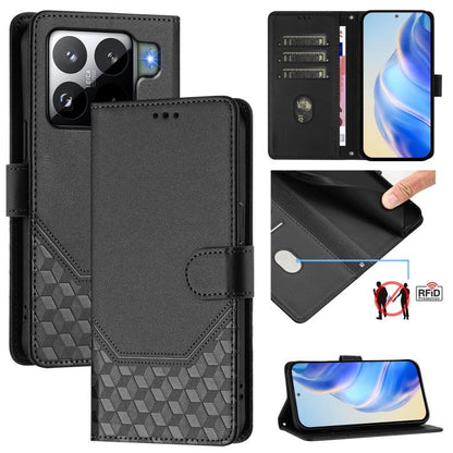 Étui de téléphone en cuir RFID avec gaufrage nid d'abeille, pour Redmi 15 5G Global / 15 4G SEA 169.5mm, pour Xiaomi 15T Pro 5G, pour Xiaomi 15T 5G, pour Xiaomi Civi 5 Pro 5G, pour Xiaomi 15S Pro 5G, pour Xiaomi Poco M6 Plus / Redmi 13x 4G