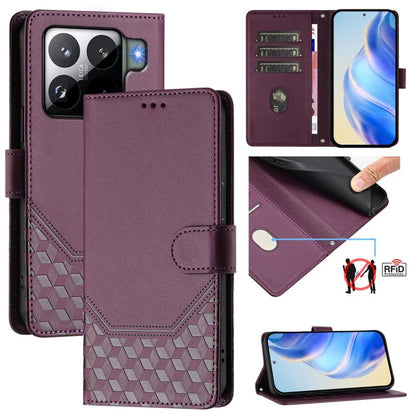 Étui de téléphone en cuir RFID avec gaufrage nid d'abeille, pour Redmi 15 5G Global / 15 4G SEA 169.5mm, pour Xiaomi 15T Pro 5G, pour Xiaomi 15T 5G, pour Xiaomi Civi 5 Pro 5G, pour Xiaomi 15S Pro 5G, pour Xiaomi Poco M6 Plus / Redmi 13x 4G