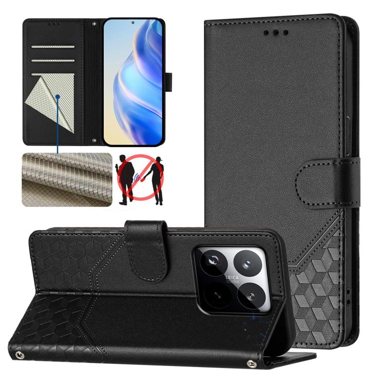 Étui de téléphone en cuir RFID avec gaufrage nid d'abeille, pour Redmi 15 5G Global / 15 4G SEA 169.5mm, pour Xiaomi 15T Pro 5G, pour Xiaomi 15T 5G, pour Xiaomi Civi 5 Pro 5G, pour Xiaomi 15S Pro 5G, pour Xiaomi Poco M6 Plus / Redmi 13x 4G