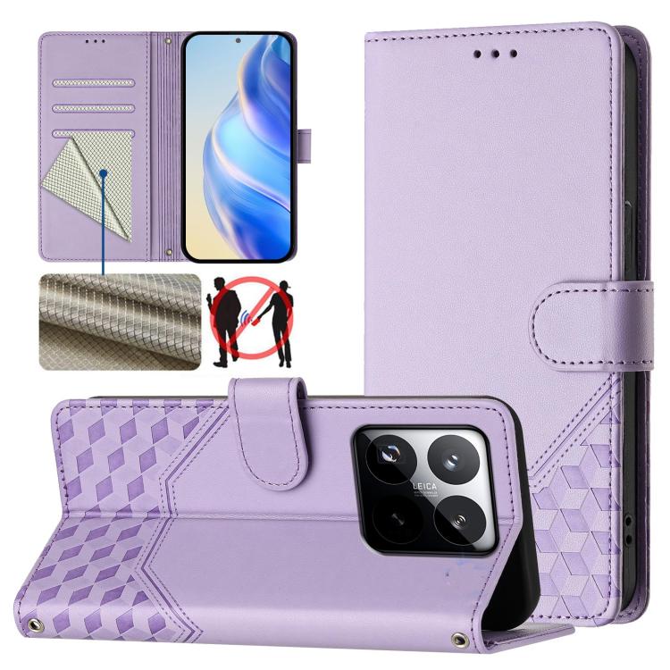 Étui de téléphone en cuir RFID avec gaufrage nid d'abeille, pour Redmi 15 5G Global / 15 4G SEA 169.5mm, pour Xiaomi 15T Pro 5G, pour Xiaomi 15T 5G, pour Xiaomi Civi 5 Pro 5G, pour Xiaomi 15S Pro 5G, pour Xiaomi Poco M6 Plus / Redmi 13x 4G