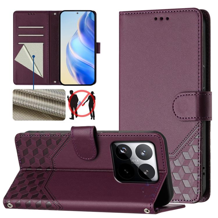 Étui de téléphone en cuir RFID avec gaufrage nid d'abeille, pour Redmi 15 5G Global / 15 4G SEA 169.5mm, pour Xiaomi 15T Pro 5G, pour Xiaomi 15T 5G, pour Xiaomi Civi 5 Pro 5G, pour Xiaomi 15S Pro 5G, pour Xiaomi Poco M6 Plus / Redmi 13x 4G