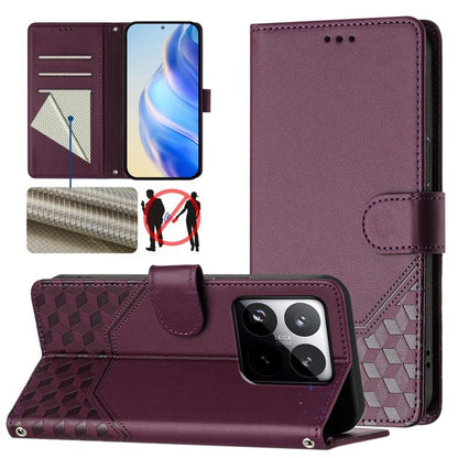 Étui de téléphone en cuir RFID avec gaufrage nid d'abeille, pour Redmi 15 5G Global / 15 4G SEA 169.5mm, pour Xiaomi 15T Pro 5G, pour Xiaomi 15T 5G, pour Xiaomi Civi 5 Pro 5G, pour Xiaomi 15S Pro 5G, pour Xiaomi Poco M6 Plus / Redmi 13x 4G