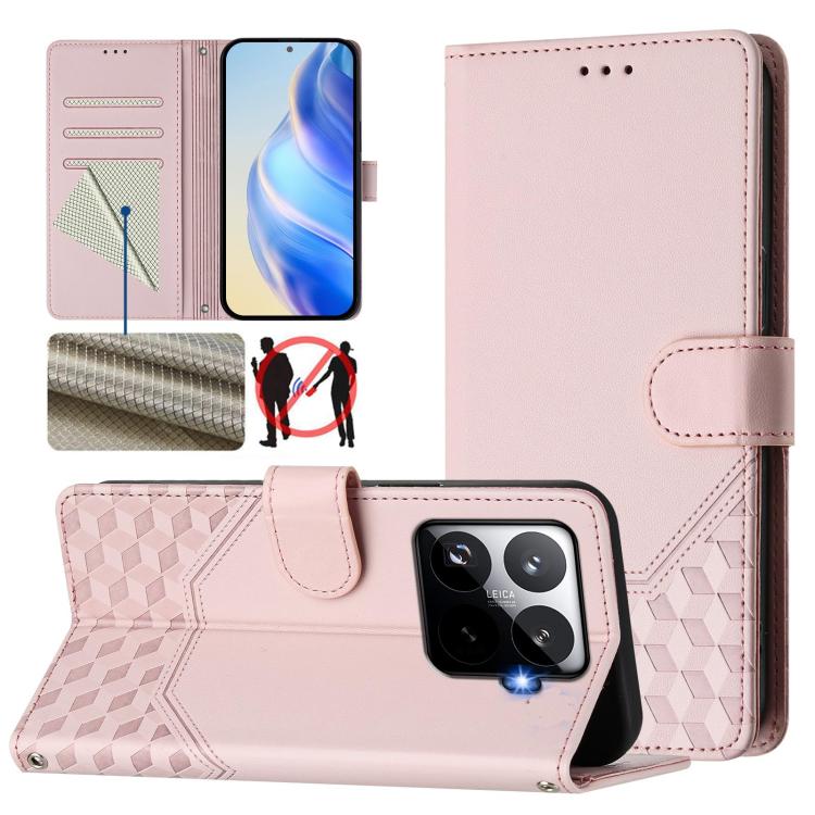 Étui de téléphone en cuir RFID avec gaufrage nid d'abeille, pour Redmi 15 5G Global / 15 4G SEA 169.5mm, pour Xiaomi 15T Pro 5G, pour Xiaomi 15T 5G, pour Xiaomi Civi 5 Pro 5G, pour Xiaomi 15S Pro 5G, pour Xiaomi Poco M6 Plus / Redmi 13x 4G