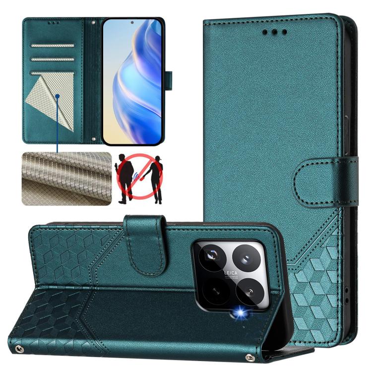 Étui de téléphone en cuir RFID avec gaufrage nid d'abeille, pour Redmi 15 5G Global / 15 4G SEA 169.5mm, pour Xiaomi 15T Pro 5G, pour Xiaomi 15T 5G, pour Xiaomi Civi 5 Pro 5G, pour Xiaomi 15S Pro 5G, pour Xiaomi Poco M6 Plus / Redmi 13x 4G