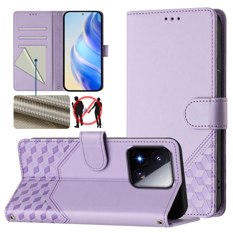 Étui de téléphone en cuir RFID avec gaufrage nid d'abeille, pour Redmi 15 5G Global / 15 4G SEA 169.5mm, pour Xiaomi 15T Pro 5G, pour Xiaomi 15T 5G, pour Xiaomi Civi 5 Pro 5G, pour Xiaomi 15S Pro 5G, pour Xiaomi Poco M6 Plus / Redmi 13x 4G